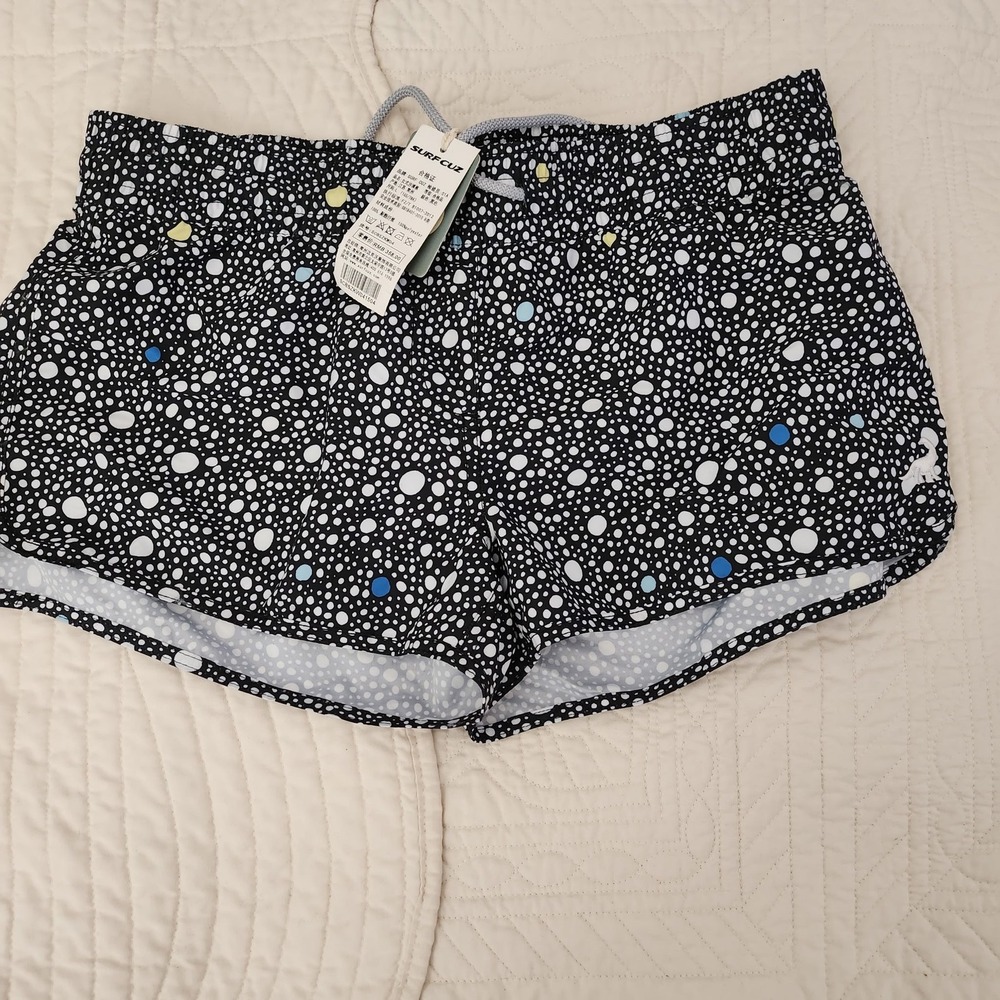 SurfCuz Womens Swim Trunks Board Shorts Polka Dot Black White Blue Size L NWT